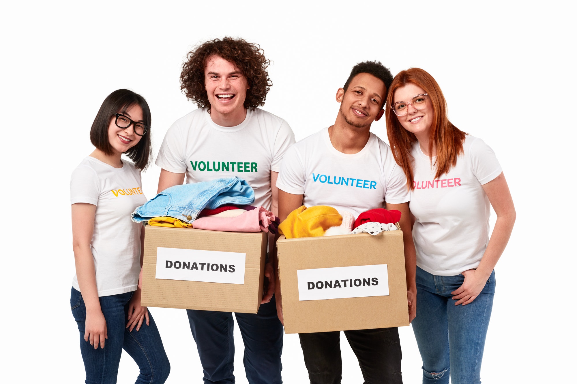 International volunteers with donations